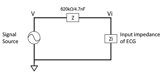 Schematic diagram of the test circuit (with parallel circuit). Vi is the voltage of the corresponding lead waveform on the ECG. Schematic diagram of the test circuit (with parallel circuit). Vi is the voltage of the corresponding lead waveform on the ECG.