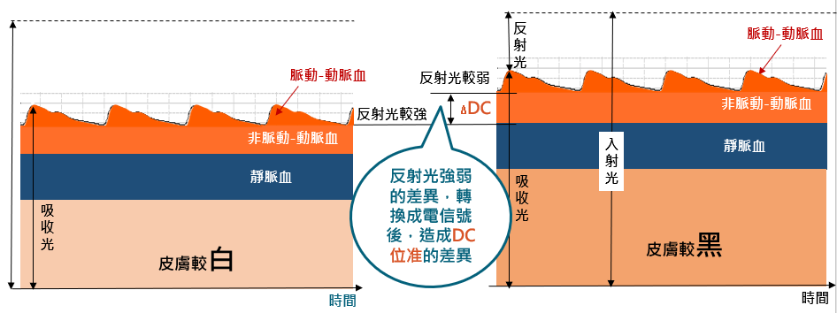 當心臟跳動時,動脈血液血量變化,與較大的 DC 信號相比,我們把動脈血液血容量變化稱為交流(AC)信號。 當心臟跳動時,動脈血液血量變化,與較大的 DC 信號相比,我們把動脈血液血容量變化稱為交流(AC)信號。