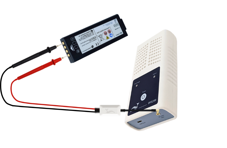 待測 AED 電池與 DFS200 AED 巡檢測試儀 接線示意圖 待測 AED 電池與 DFS200 AED 巡檢測試儀 接線示意圖