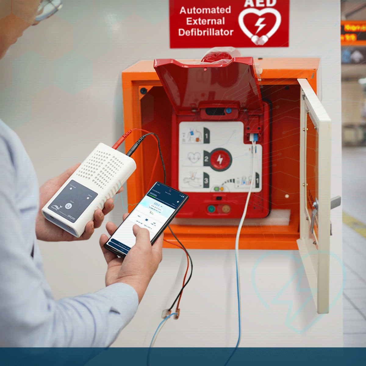 DFS200- AED 巡检专用测试仪 DFS200 是一款 AED 巡检专用测试仪,透过手机蓝牙与DFS APP连线操作。除了基本自检功能外,还可以测试AED电击能量与波形、锂电池电压,产生多种ECG波型供AED判断除颤与否的测试。