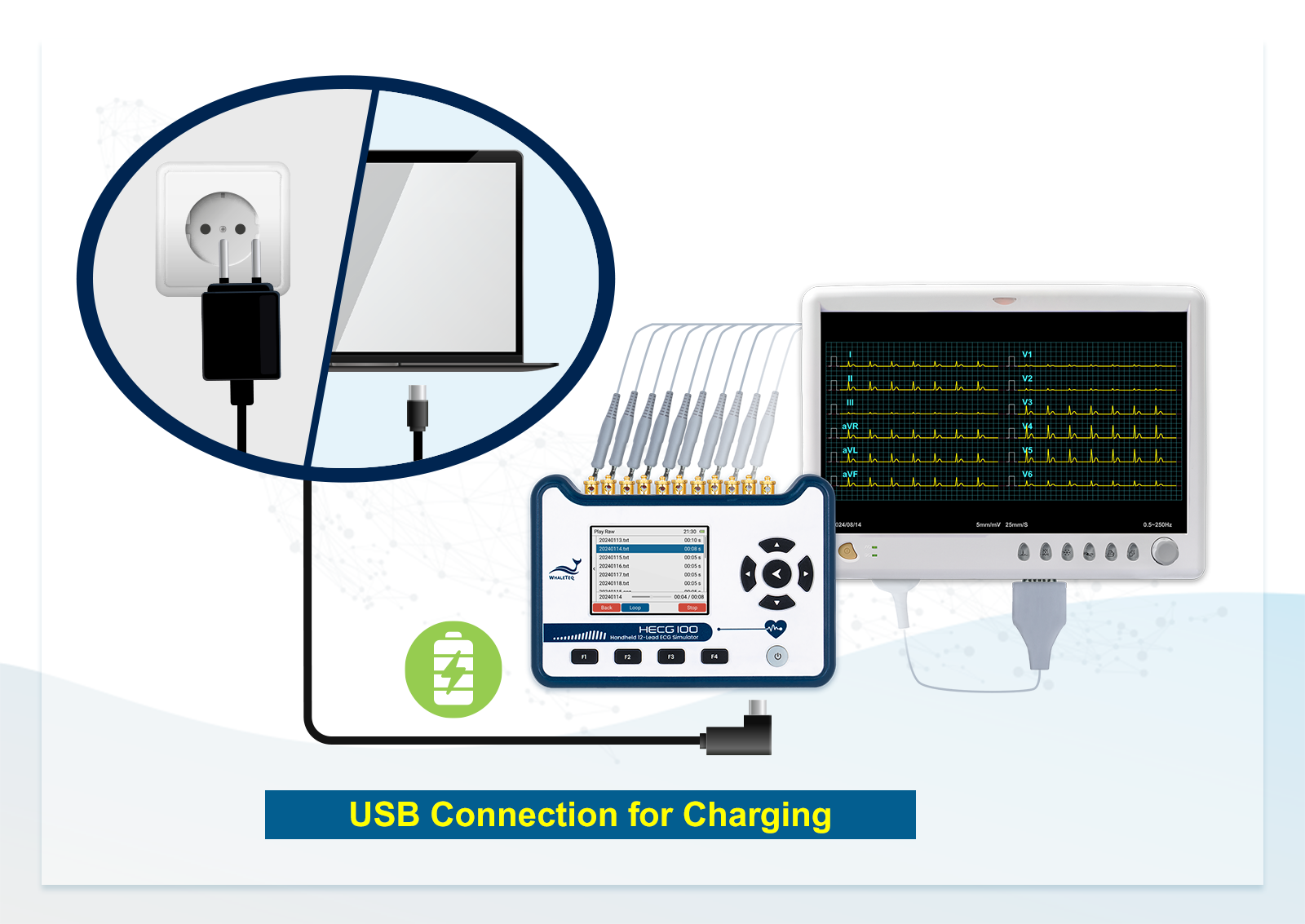 USB-charged HECG100 Handheld 12-lead ECG Simulator