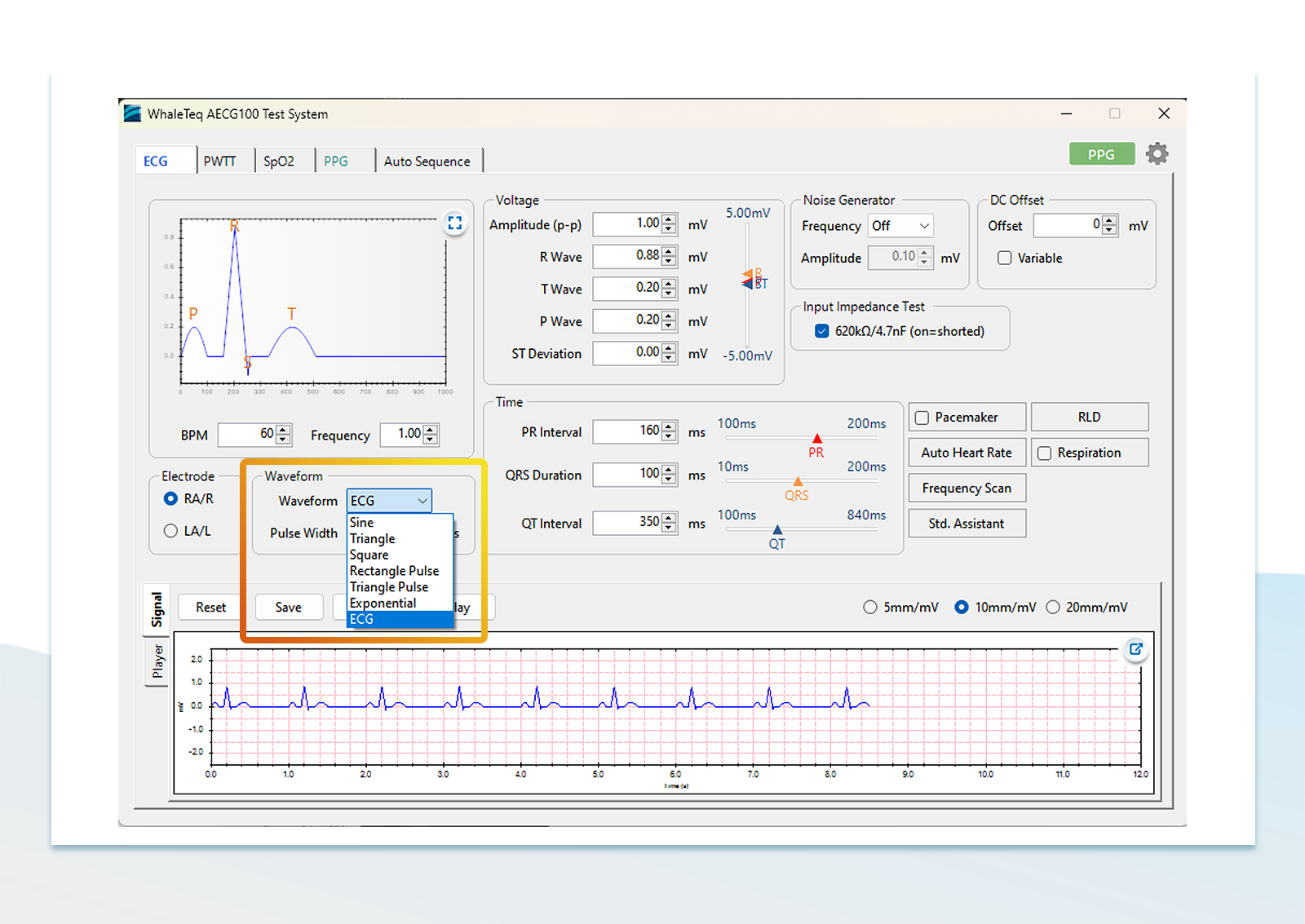 PPG-1R-525反射式綠光心率性能測試模組包含ECG Waveform、Sine、Triangle、Square、Exponential、Rectangle Pulse 和 Triangle Pulse,可任意調整大幅度且精細的參數, 並加入直流偏移訊號測試。